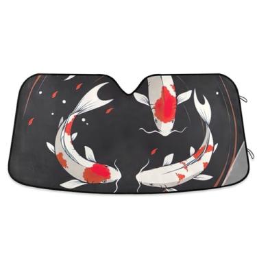 Imagem de Koi Fish Swim Black Sun Shade para para-brisa de carro universal retrátil automotivo para-brisa guarda-sol animal floral M, 139,7 cm x 70,1 cm