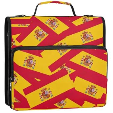 Imagem de Organizador de fichário com zíper para documentos, 3 argolas de 3,8 cm, bandeira em D, Espanha, vermelho, amarelo, vários bolsos, pastas grandes com alça bolsa de ensino médio, 34,5 x 31,5 x 9 cm