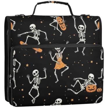 Imagem de Esqueletos Abóboras dançantes pretas 3 fichários anel D 1,5 polegadas D fichário organizador organizador bolsa de fichário com alça para carteira escolar, suporte para 500 folhas, 34,5 x 31,5 x 9 cm
