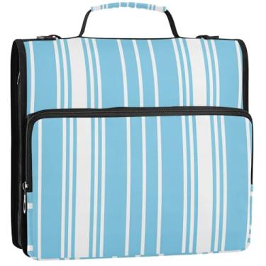Imagem de Pasta organizadora de fichários de 3 anéis, listras resistentes, azul claro e branco com zíper, bolsa escolar com alça de ombro, carteira de armazenamento divertida com alça, 34,5 x 31,5 x 9 cm