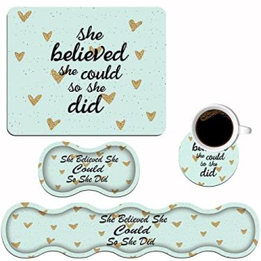Imagem de Conjunto de descanso de pulso e mouse pad para teclado ergonômico [4 peças], She Believed She Could So She Did citação inspiradora base de borracha antiderrapante para escritório em casa trabalhando estudando fácil digitação e alívio da dor