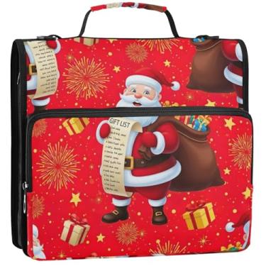 Imagem de Fichários de 3 anéis de 3 cm para serviço pesado, Papai Noel, presente vermelho, organizador de fichário, bolsa escolar com alça de ombro, suporte profissional para 500 lençóis, 34,5 x 31,5 x 9 cm