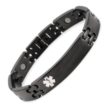 Imagem de Pulseira de alerta médico preta YINOX com alerta médico de aço inoxidável para mulheres com logotipo médico, pulseira de terapia magnética, joias