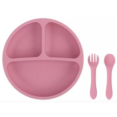 Imagem de Jogo Refeição Infantil Silicone Rosa Garfo, Prato E Colher