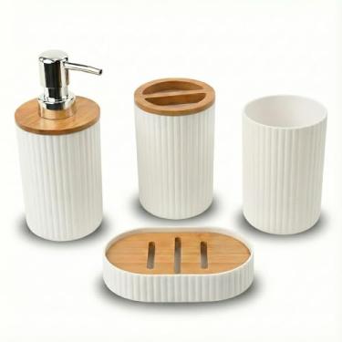 Imagem de Kit Banheiro 4 Peças Bambu | Dispenser, Saboneteira, Porta Escovas e Copo Organizador para Pia e Lavabo (Branco)