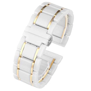 Imagem de FFHDJL Pulseira luxuosa de cerâmica e aço inoxidável de 20 mm e 22 mm em ouro preto para homens e mulheres, 20mm, Acetato, Sem Pedra Preciosa