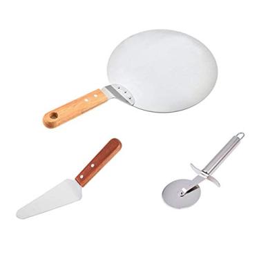 Imagem de Kit de Pizza 3 Peças - Paleta Aço Inoxidável com Cabo Madeira Rodinha Corte e Servidor Comida para Bolo Torta Tart Cookies Sobremesa Entusiastas Assad