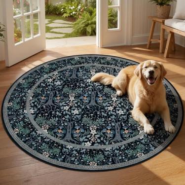 Imagem de Joydeco Tapete redondo lavável floral 1,5 m, azul e preto
