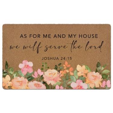 Imagem de huester Tapete de porta de boas-vindas floral cristão, As for Me and My House We Will Serve Versículo da Bíblia Religioso Decorativo Casa Interior Exterior Varanda Entrada Externa Capacho de