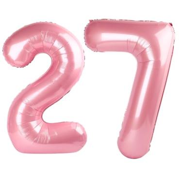Imagem de Balão rosa perolado número 27 balão rosa número 27 balão número 27 101 cm, decorações de festa de aniversário de 27 anos para meninos ou meninas, suprimentos de festa de aniversário de Mylar enorme