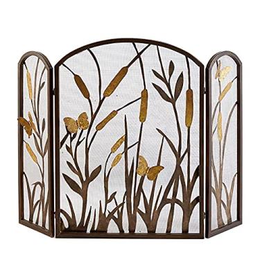 Imagem de Protetor de fogo para lareira arqueada com design de folha dourada H 90 cm, tela dobrável de 3 painéis de ferro forjado com capa de malha de aço sólido, marrom