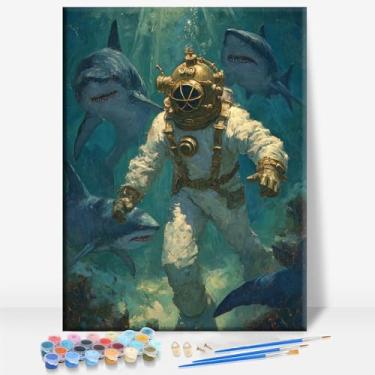 Imagem de HUINORYA Diver Special Occupation Tela emoldurada DIY Kit de pintura por números bar café caverna sala de casa parede banheiro varanda pátio decoração presente, 40,6 x 30,5 cm