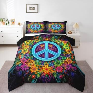 Imagem de Homewish Conjunto de edredom Queen com sinal de paz, margarida colorida, 3 peças, para decoração de quarto de crianças, meninas, meninos, adultos, conjunto de colcha de arte tingida tripla neon com