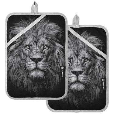 Imagem de Conjunto de 2 suportes de panela de bolso grande para decoração de cozinha, rosto de leão realista em preto, forro acolchoado resistente ao calor, bancadas, almofadas quentes, luvas de forno para