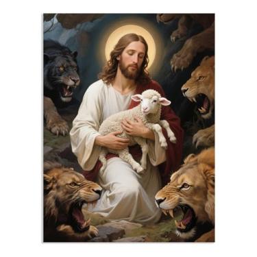 Imagem de Pôster Jesus Rei Leão Impressão Pintura Religiosa Arte Jesus Carregando o Cordeiro Leão Cristão Jesus e Cordeiro Tela Arte de Parede Igreja Decoração de Parede Imagens 80 x 60 cm (32 x 24 polegadas