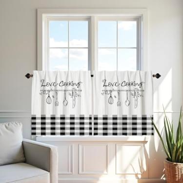 Imagem de Cortinas de cozinha grade de búfalo preto e branco, tratamentos de janela, camadas, filtragem de madeira, pequenas cortinas, janelas, bolso para varão, para sala de estar, café, casa de fazenda