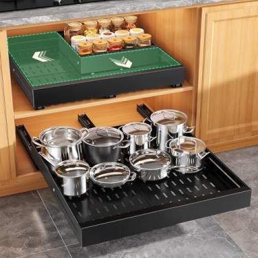 Imagem de Organizador de armário removível, largura expansível (35,5-61 cm), profundidade (33-61 cm) com 3 trilhos, gavetas deslizantes com almofada de elevação para armários emoldurados, fixo com filme adesivo