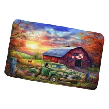 Imagem de Farmhouse Tapete de banheiro caminhão velho rústico celeiro vermelho de madeira vintage americano clássico carro antigo fazenda verde caminhão tapete de banheiro cozinha banheiro tapete 45 x 75 cm