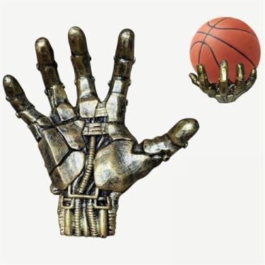 Imagem de SWECOMZE Suporte de parede de basquete, suporte de exibição de bola, design mecânico Cyberpunk, arte de parede de resina para homens acessórios de caverna (ouro)