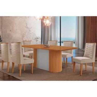 Imagem de Conjunto Sala de Jantar Pilar c/ Tampo Madeirado Canto Curvo 180x90cm e 6 Cadeiras Dafne Madeira Maciça Naturale/Off White - Capuccino/Suede Creme-Ruf