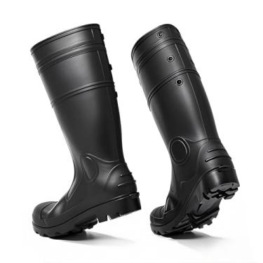 Imagem de Ubon Botas de chuva masculinas com bico de aço, PVC, impermeável, borracha, jardim, lama, pesca, botas de chuva masculinas, Preto, 44