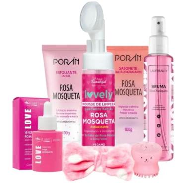 Imagem de Kit Skincare Rosa Mosqueta com Esfoliante Facial, Sabonete Hidratante, Mousse de Limpeza, Sérum Facial, Bruma e Esponja, 100g