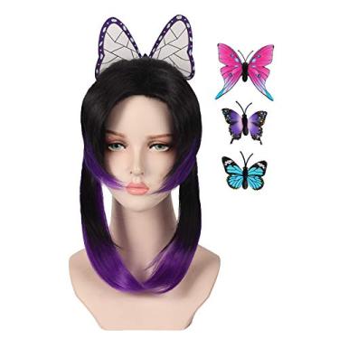 Imagem de Peruca roxa ombré preta com borboletas para Halloween e contras