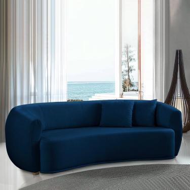 Imagem de Sofá Decorativo Sala de Estar Curvo Esther 3 Lugares 210cm com Almofadas Linho Azul Marinho