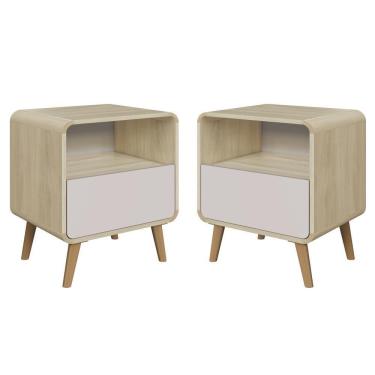 Imagem de Kit Conjunto 02 Mesas De Cabeceira Canto Curvo Com Nicho 01 Gaveta E Pés Palito Retrô Carvalho Araguaia