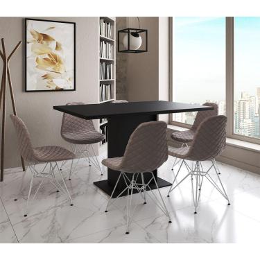 Imagem de Mesa Jantar Londres Retangular Preta 137X90Cm 6 Cadeiras Estofadas Nude Médio Ferro Branco