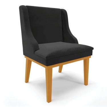 Imagem de Cadeira De Jantar Veludo Preto Base Fixa Madeira Castanho