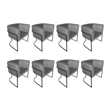 Imagem de Kit 8 Poltronas Decorativa Sala De Estar Base De Ferro Preta Veludo Cinza