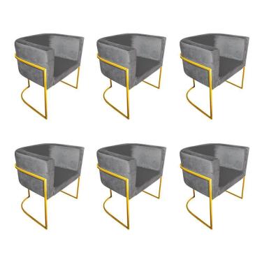 Imagem de Kit 6 Poltronas Decorativa Sala De Estar Base De Ferro Dourada Veludo Cinza