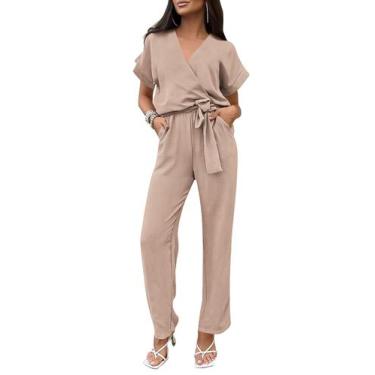 Imagem de Macacão Feminino PRETTYGARDEN Decote V Manga Curta Bege G