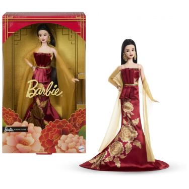 Imagem de Boneca colecionável Barbie Signature Ano Novo Lunar com vestido vermelho e estampa de peônias douradas 2026