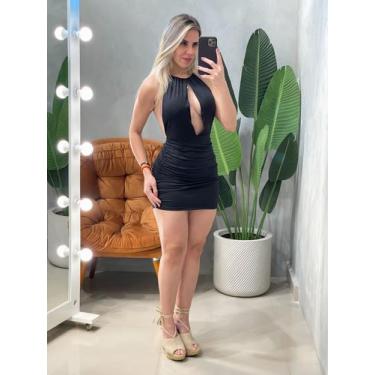Imagem de Vestido Curto em Malha Romantic Plissado com Decote Profundo e Argola 