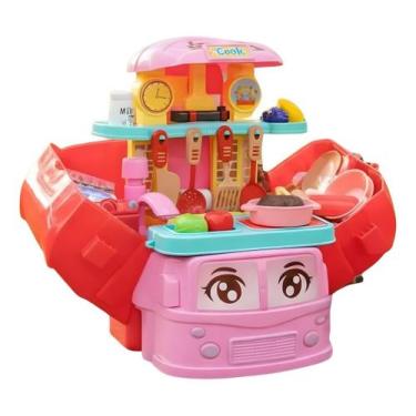 Imagem de Cozinha de Brinquedo 31 Peças Acessórios Maleta Foodtruck Ônibus Fogão
