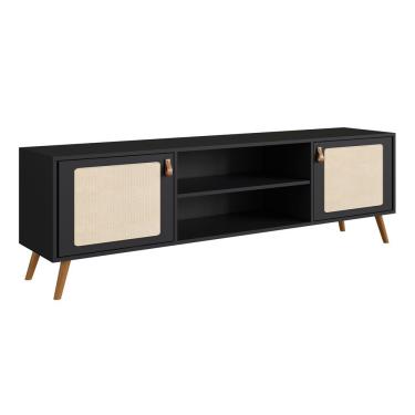 Imagem de Rack Viena 160CM MDP com Tela Sustentável Puxador em Couro e Pés de Madeira com Feltro Preto