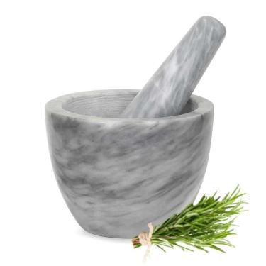 Imagem de Pilão com Socador Moagem de Ervas e Temperos em Mármore Natural Interior Não Polido para Cozinha Cinza Pilão