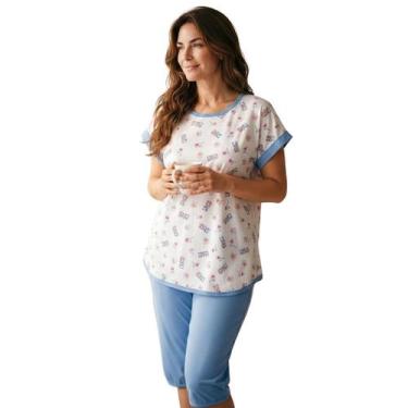 Imagem de Pijama Feminino Pescador Senhora Manga Curta Bermuda - Sem marca, Azul