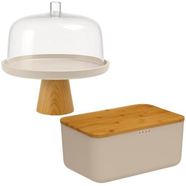 Imagem de Conjunto Boleira com Cúpula e Migalheira Porta Pão com Tampa Prato Bolos Doces Bege Bam...