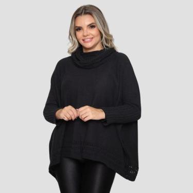 Imagem de Poncho Feminino Tricot Mousse Liso Gola Alta Casaco Lã Inverno - GIP, 