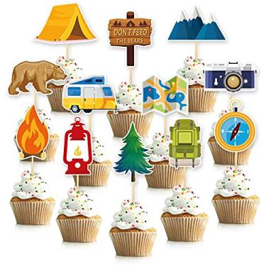 Imagem de Capas de cupcake Happy Camper Pacote com 48 decorações de festa de acampamento decoração de bolo de feliz aniversário para crianças Um feliz tema de campista Artigos para festa de aniversário