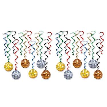 Imagem de Beistle Medalha de prêmio gira 24 peças suprimentos para festas esportivas decorações espirais, 44,5 cm - 81,2 cm, multicolorido