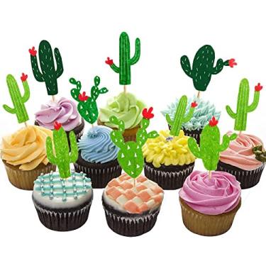 Imagem de Palhetas de cupcake HOKPA Cactus, tema Havaí de verão, lembrancinhas de festa para cupcake para decoração de bolo de frutas, Fiesta West Tropical Cacti, suprimentos de festa de aniversário (24 peças)