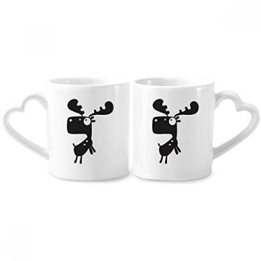 Imagem de Conjunto de canecas de porcelana para casais de animais de cervo de desenho animado com alça de coração