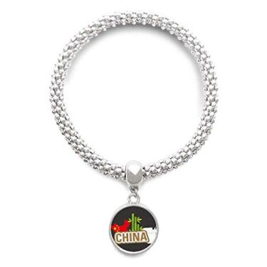Imagem de DIYthinker Pulseira com pingente de prata China Mapa de bambu marrom China Town, corrente ajustável