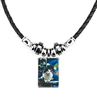 Imagem de DIYthinker Colar com foto de gato preguiçoso, joia com pingente de corda de couro