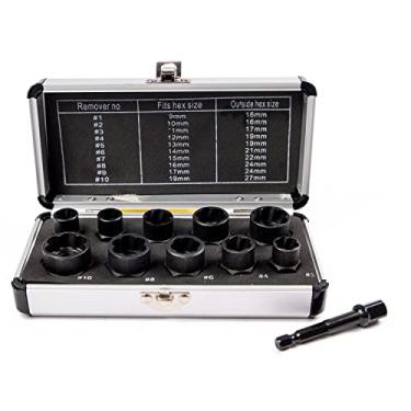 Imagem de PANOVOS Conjunto de 10 peças de remoção de porca danificada, kit de extrator de parafuso de porca de parafuso quebrado, kit de ferramentas de soquete, soquete de chave com estojo de armazenamento de 9 a 19 mm