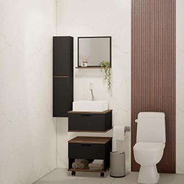 Imagem de Gabinete para Banheiro com Armário Supenso Gaveteiro com Rodízio e Espelheira Ethan Estilare Preto/amadeirado